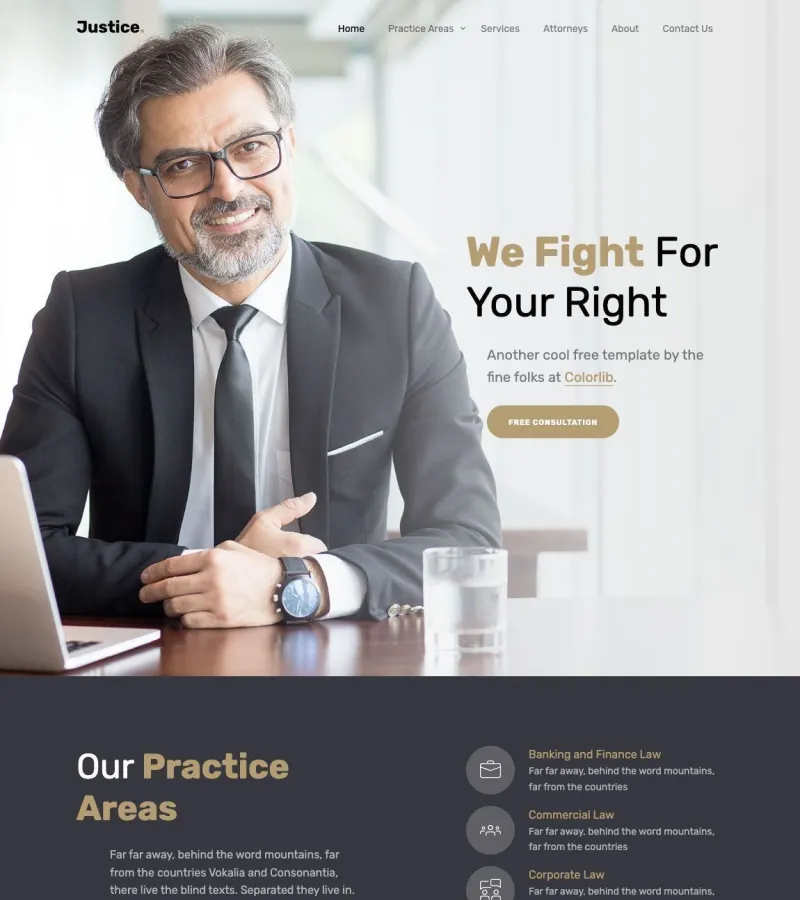 justice website template desktop screenshot