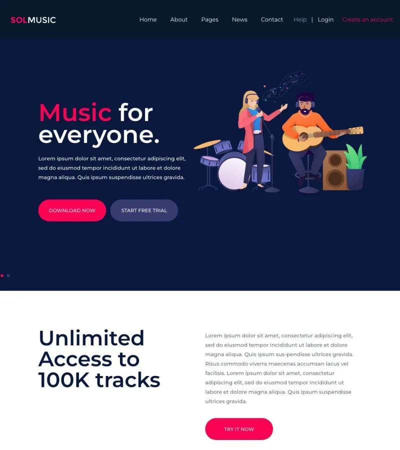 Solmusic website template desktop screenshot
